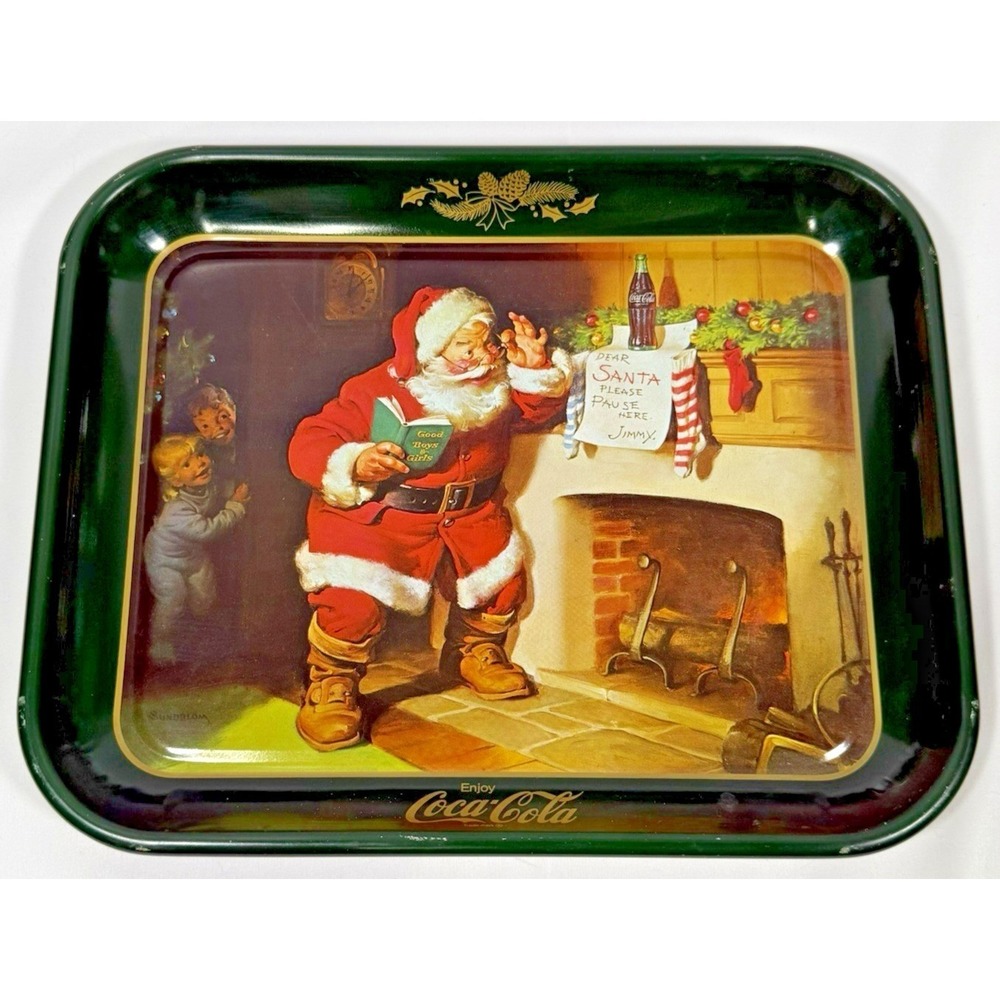 Coca-Cola Serving Tray Large Green 1963 Santa Sundblom Christmas Tin
